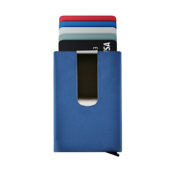 Back Side Blue Matte Leather Pop Up Wallet RFID Blocking Cash Clip Credit Card Holder