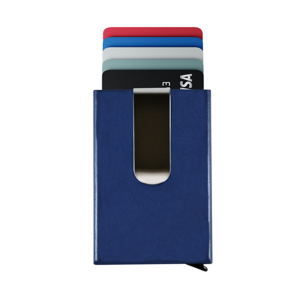 Back Side Blue Matte Leather Pop Up Wallet RFID Blocking Cash Clip Credit Card Holder